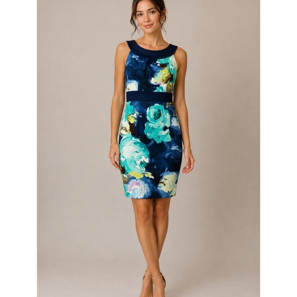 Merona Navy Blue Floral Sheath Dress Sleeveless Knee Length Teal Aqua Size Small
